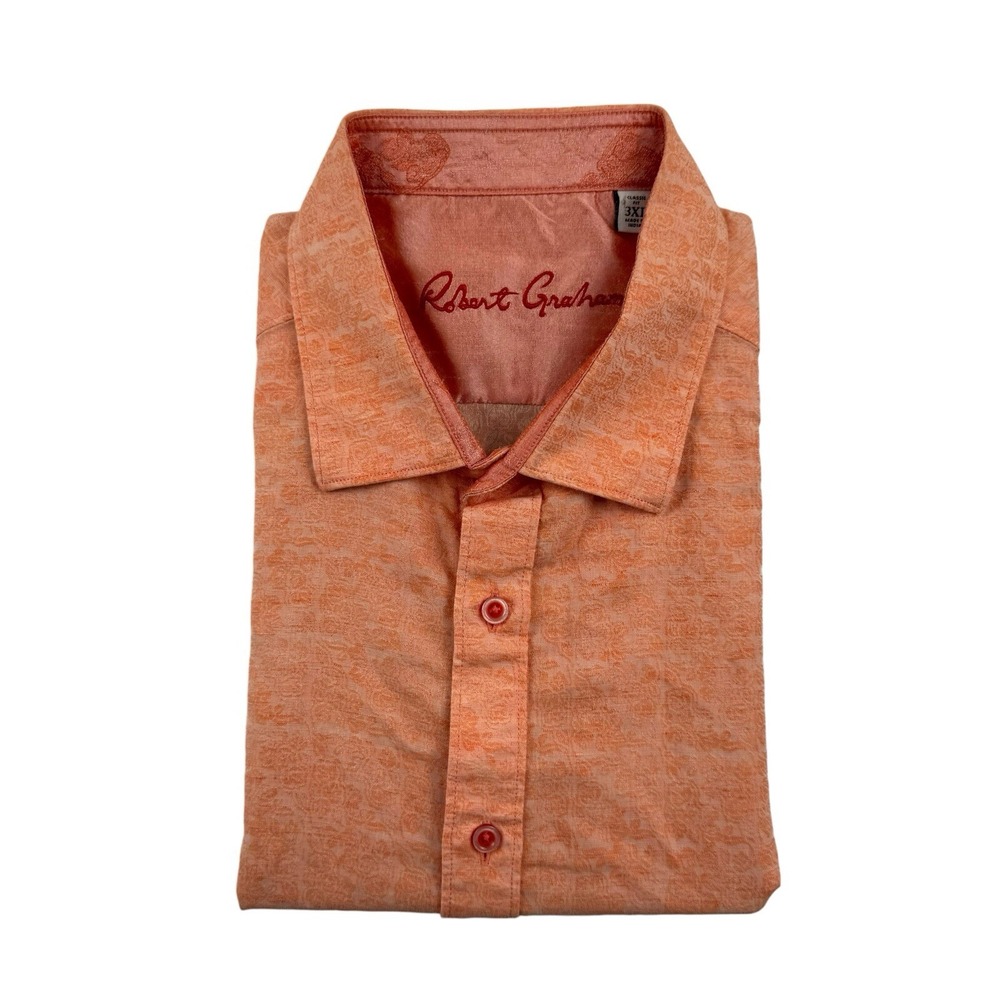 Robert Graham Pink Salmon Embroidered AOP Linen Cotton S/S Button Front Size 3XL